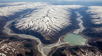 Vista aérea de una cordillera con picos nevados, áreas de tierra expuesta, varios ríos serpenteantes y un embalse artificial de color verde.