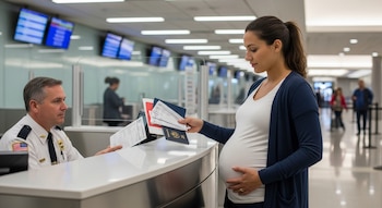 Una mujer embarazada de pie entrega un pasaporte y documentos a un agente migratorio sentado detrás de un mostrador en un aeropuerto de Estados Unidos.