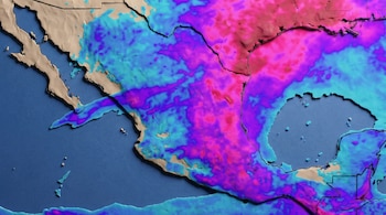 Mapa tridimensional de México, Centroamérica y el Caribe en tonos de rosa, morado, azul y turquesa sobre un fondo azul oscuro, con relieve pronunciado.