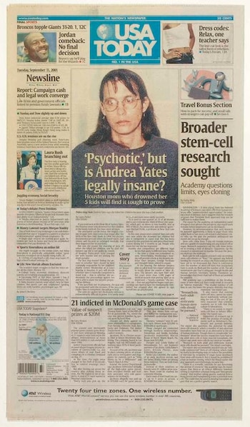 Portada de periódico USA Today del 11 de septiembre de 2001 con foto de Andrea Yates, titulares sobre su caso, investigación de células madre y caso McDonald's