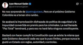 Galán criticó la convocatoria a una constituyente y aseguró que la “Paz Total” terminará sin necesidad de modificar la Carta Política - crédito Juan Manuel Galán/X