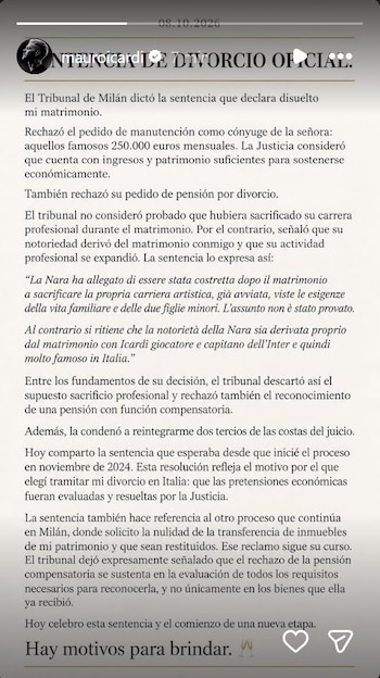 Captura de pantalla de una publicación en Instagram de Mauro Icardi con un texto largo sobre una sentencia oficial de divorcio