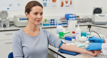 Una mujer de mediana edad está sentada en una silla mientras un técnico médico, con guantes azules, le extrae sangre del brazo en un laboratorio.