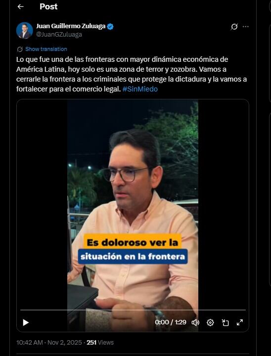 Juan Guillermo Zuluaga describió el ambiente, que de acuerdo con sus palabras hay actualmente en la frontera, señalando los riesgos y la inseguridad que afectan a quienes residen en la zona- crédito @JuanGZuluaga