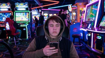 Joven con sudadera y auriculares sentado en un sillón, mirando un teléfono móvil. Al fondo, sala de juegos arcade con máquinas de videojuegos y personas.