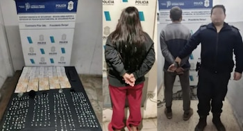 Tres fotografías muestran dinero y envoltorios incautados, una mujer detenida de espaldas y un hombre custodiado por un policía