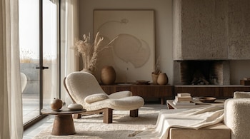 Un salón luminoso y moderno con una silla acogedora de textura cremosa, una chimenea de piedra, una gran ventana y decoración en tonos neutros.