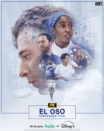 Póster promocional de la serie "El Oso" con el perfil de Jeremy Allen White a la izquierda y Ayo Edebiri mirando a la derecha. Otros miembros del elenco están superpuestos