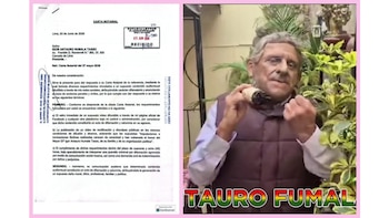 Imagen dividida: a la izquierda, una carta notarial con texto; a la derecha, Carlos Álvarez de cabello gris sosteniendo un objeto, con plantas verdes y el texto "TAURO FUMALA"