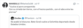 Marbelle le envió un mensaje a Beto Coral, tras llegar deportado a Colombia - crédito @Marbelle30/X