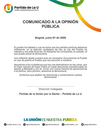 El comunicado por parte del partido de la U se emitió la mañana del martes 2 de junio de 2026 - - crédito @partidodelaucol/X