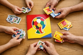Vista cenital de manos de diferentes edades intercambiando estampas y sobres de Panini alrededor de un álbum cerrado de la Copa del Mundo sobre mesa de madera clara.
