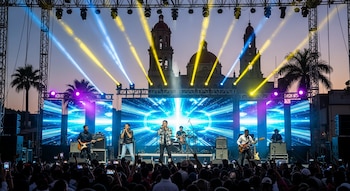 Vista frontal de una banda actuando en un gran escenario al aire libre, con pantallas LED brillantes y focos azules y amarillos. Hay una multitud y edificios históricos al fondo.