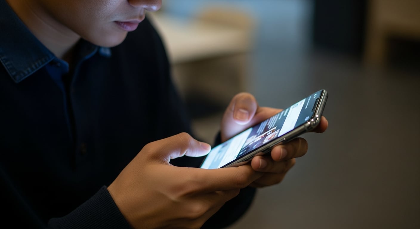 Una persona interactúa con la pantalla de un teléfono inteligente, desplazándose por su contenido digital en un entorno con poca luz. (Imagen Ilustrativa Infobae)