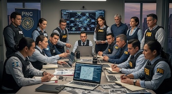 Varias personas con chalecos de PNC y FBI en una sala. Hay laptops, documentos y una pantalla grande con gráficos en una mesa de reunión.