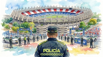 Ilustración acuarela de un estadio de fútbol. Policías y vehículos policiales rodean el perímetro, con personas y pancartas de "Liga BetPlay Final" al fondo.