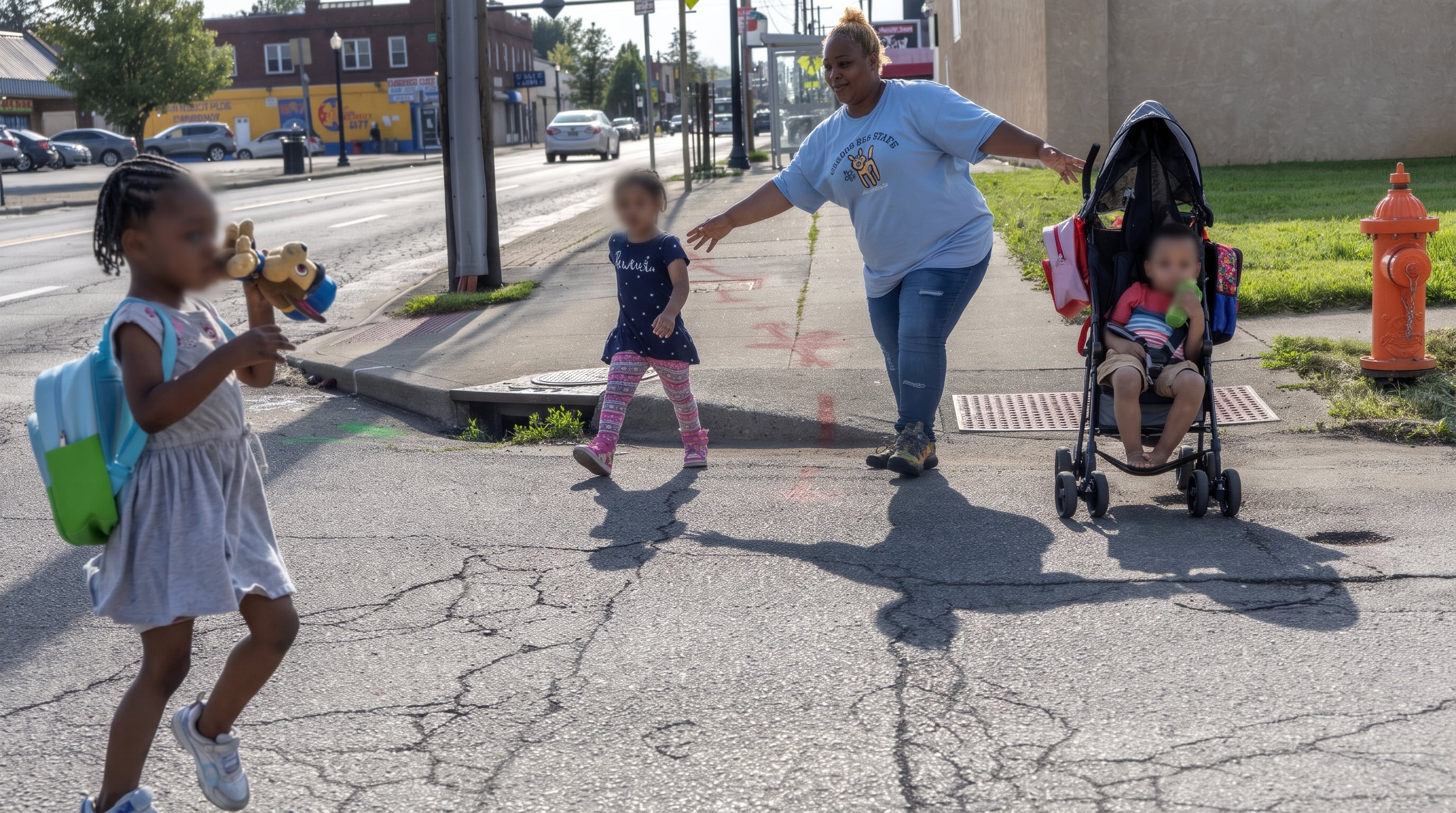 Una mujer camina con tres niños y un cochecito por una avenida urbana de Estados Unidos, mientras los hogares enfrentan una oferta limitada y cuotas elevadas para acceder al cuidado infantil (REUTERS/Evelyn Hockstein)