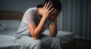 Mujer sentada en una cama con erupción cutánea roja en los brazos y el torso, las manos en la cabeza, el rostro con expresión de malestar.