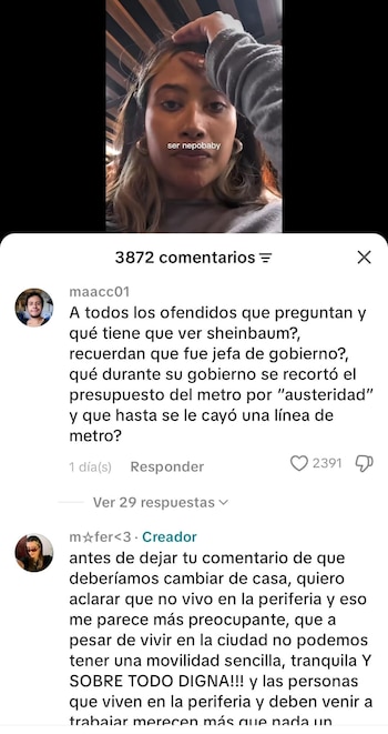 Una joven con cabello claro y pendientes de aro mira a la cámara, con la frase "ser nepobaby" en pantalla, y la sección de comentarios de una red social debajo