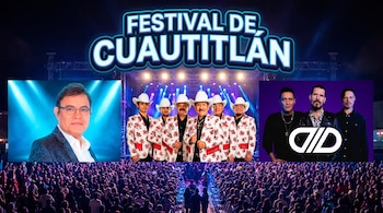 Letrero de "Festival de Cuautitlán", hombre con gafas, cinco hombres con sombrero vaquero, tres hombres en fila, y multitud de público en un concierto.