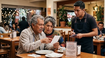 Un hombre mayor señala un papel en un restaurante junto a una mujer y un mesero que toma nota frente a un cartel en la mesa.