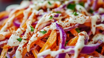 Ensalada fresca con calabaza rallada, col morada, zanahorias, rábanos, cebollas, mayonesa, salsa picante y sabores vibrantes. - (Imagen Ilustrativa Infobae)