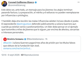 Guillermo Blanco afirmó que el caso de Juliana Guerrero debe ser una lección para los jóvenes - crédito @coronelblancog/X