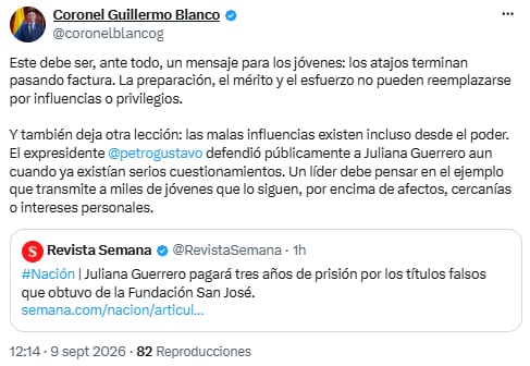 Guillermo Blanco afirmó que el caso de Juliana Guerrero debe ser una lección para los jóvenes - crédito @coronelblancog/X