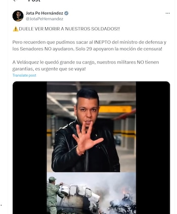 Jota Pe Hernández arremete en contra del ministro de Defensa Iván Velásquez - crédito @JotaPeHernandez