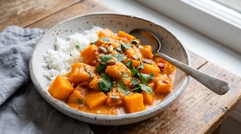 Un tazón blanco con puntos marrones contiene curry de calabaza, arroz blanco, semillas de calabaza, cilantro y una cuchara. Hay un paño gris y una mesa de madera.