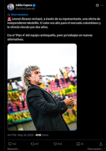 El periodista confirmó que Leonel Álvarez no llegaría a Independiente Medellín-crédito @JulianCaperaB/X