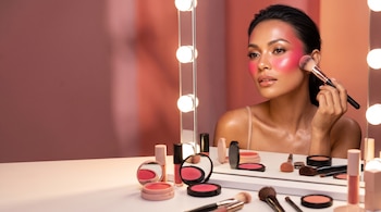 Una mujer frente a un espejo iluminado sostiene una brocha sobre su pómulo maquillado de rosa intenso junto a cosméticos sobre la mesa.
