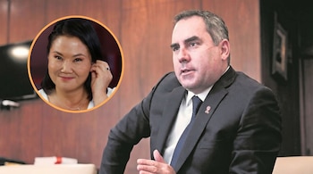 Una imagen dividida donde a la izquierda está el rostro sonriente de Keiko Fujimori en un círculo, y a la derecha un hombre de traje oscuro hablando.