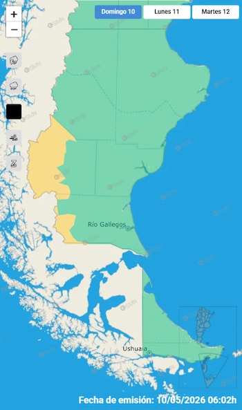 Mapa meteorológico de Argentina mostrando zonas en alerta amarilla y verde, con Río Gallegos en área verde. Incluye fechas 'Domingo 10', 'Lunes 11', 'Martes 12'