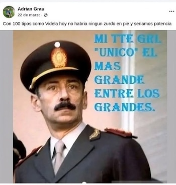 Captura de pantalla de una publicación digital con una fotografía de Jorge Rafael Videla en uniforme militar y textos añadidos