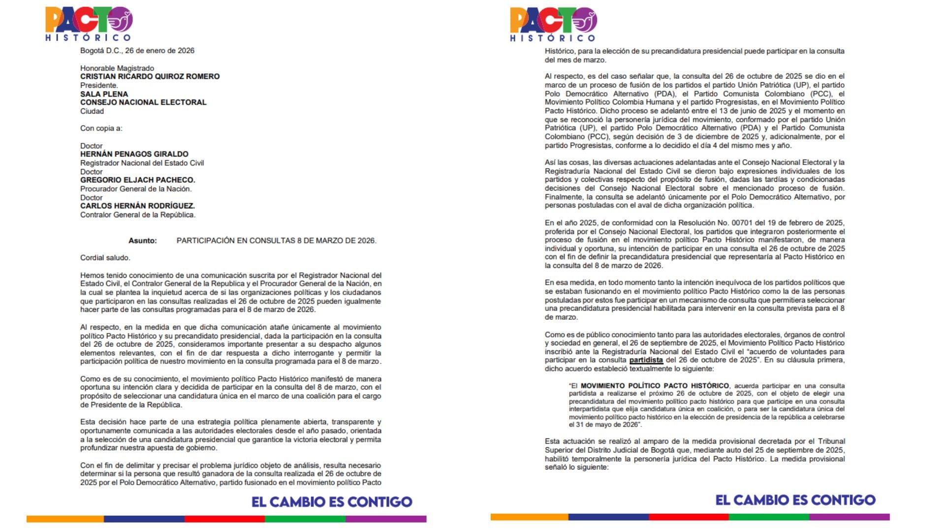 Pacto Histórico pidió garantías para intervenir en consulta de coalición en 2026 - crédito @PactoCol