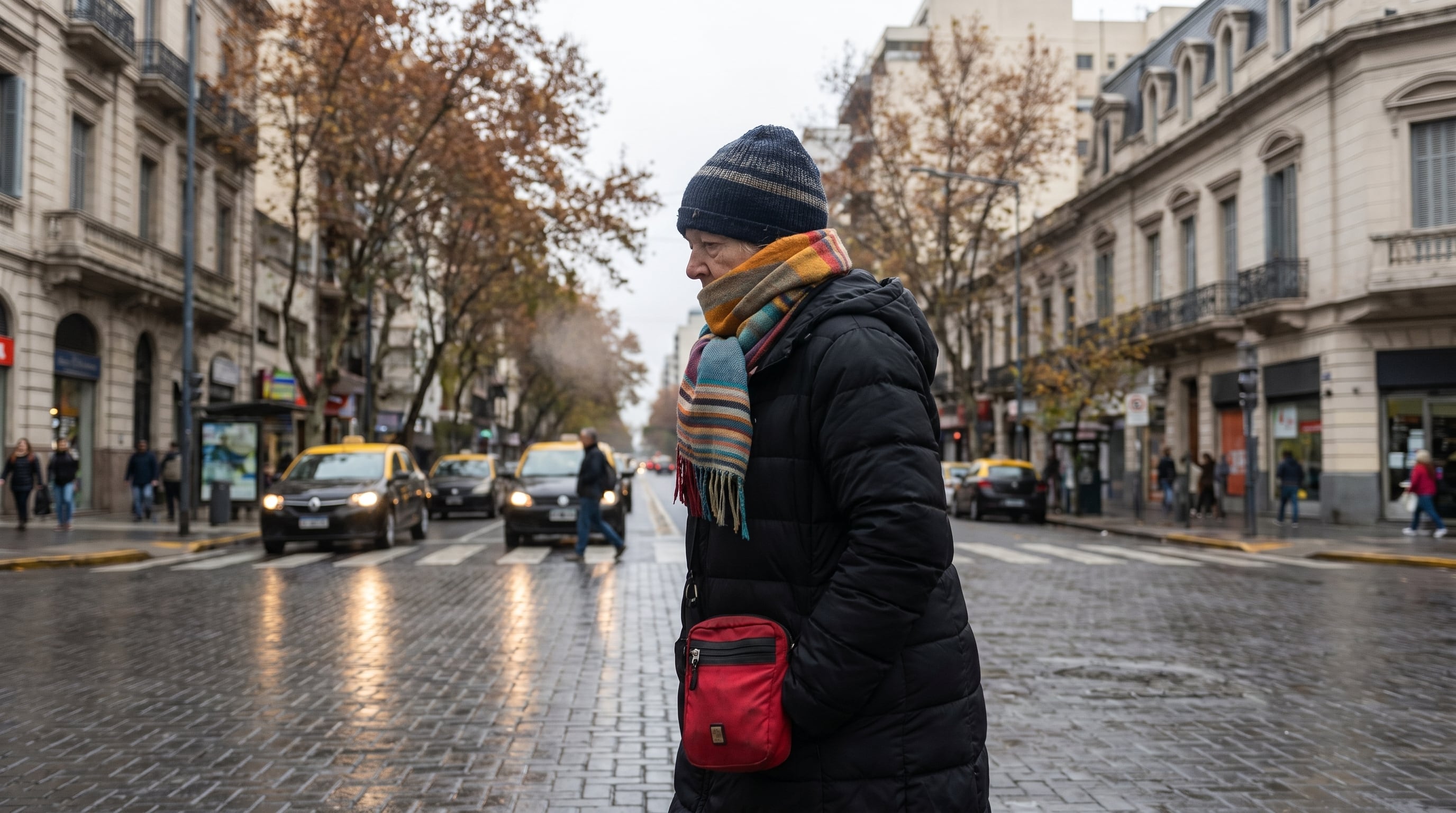 Una mujer abrigada con chalina y campera cruza una avenida en Buenos Aires en un día frío de otoño, mientras otros peatones y taxis transitan la calle. (Imagen Ilustrativa Infobae)