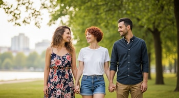 Tres personas, dos mujeres y un hombre, caminan tomados de la mano y sonríen mutuamente en un parque verde con árboles y edificios al fondo.