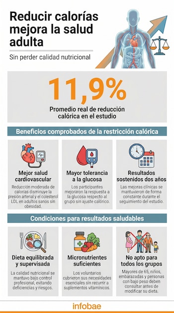 Infografía ilustra los beneficios de la reducción calórica para adultos: cuerpo humano, porcentaje 11.9%, iconos de corazón, glucosa, tiempo, dieta, y restricciones.