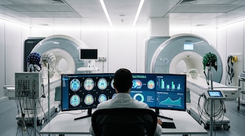 Sala de laboratorio con dos resonancias magnéticas, gorros de electroencefalografía, monitor con imágenes cerebrales y gráficos, y una persona sentada de espaldas.