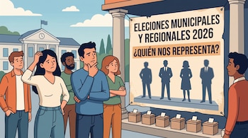 Ilustración de personas ante un afiche con el texto Elecciones Municipales y Regionales 2026, siluetas de candidatos y cajas de votación.