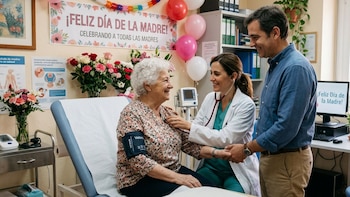 Médica examinando a una mujer mayor sentada en camilla, acompañada por un hombre, en sala decorada con globos y cartel de "¡Feliz Día de la Madre!"