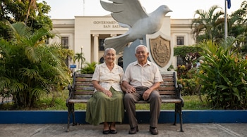 Pareja de ancianos sonríe sentada en un banco de madera frente a un edificio blanco con columnas y una estatua de paloma grande en San Salvador.