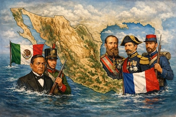 Pintura muestra mapa de México sobre el mar, con Benito Juárez y un soldado mexicano a la izquierda, y Maximiliano, Napoleón III y un soldado francés a la derecha.