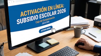 Pantalla de computador con un sitio web que anuncia un subsidio escolar, una mano usando un mouse, teclado, taza de café, papeles y notas adhesivas.