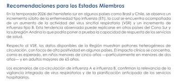 El organismo sanitario regional señala que la subida reciente coincide con más circulación del VSR y del virus de influenza B, un patrón que podría extenderse al Cono Sur y la zona Andina