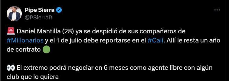 Daniel Mantilla volvería al Deportivo Cali, después de su paso en 2023, ahora con el técnico Alberto Gamero - crédito @PSierraR/X