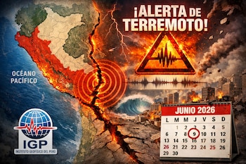 Mapa de Perú junto al Océano Pacífico mostrando grietas sísmicas y un epicentro. Edificios destruidos, señal de alerta de terremoto, logo del IGP y calendario de junio 2026 con día 9.