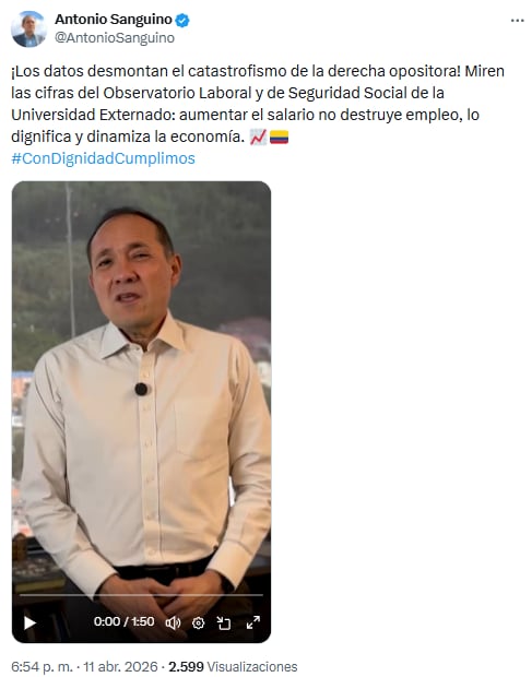 Antonio Sanguino afirmó que el salario vital impulsó la economía y redujo la informalidad laboral en Colombia - crédito @AntonioSanguino/X
