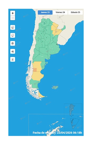 Mapa de Argentina con áreas en verde y amarillo indicando alertas meteorológicas para el 23 de abril de 2026. Controles de zoom y pestañas de fecha son visibles